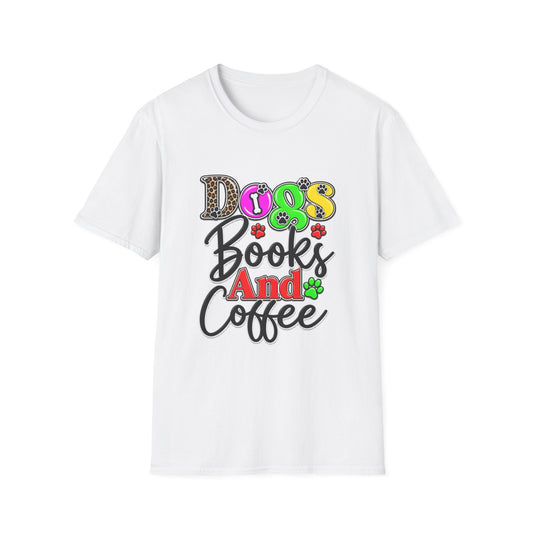 Dogs Books And Coffee T-Shirt — Colorful Paw Print Graphic Tee for Dog Lovers