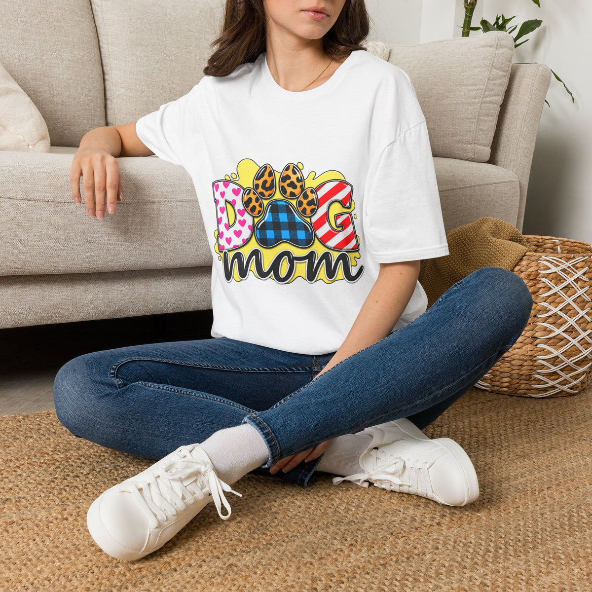 Dog Mom T‑Shirt — Colorful Paw Print Design