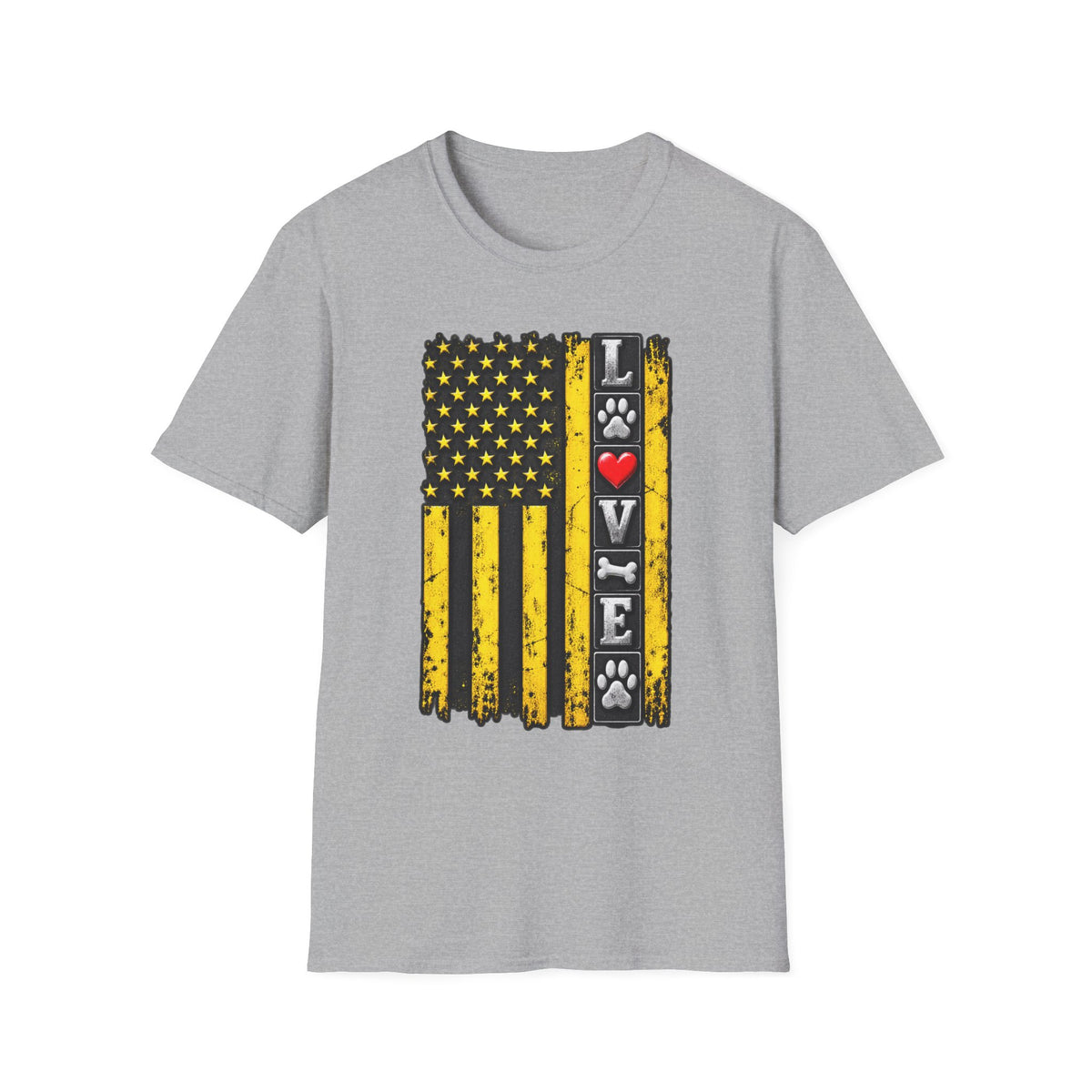 Love Paw Flag T-Shirt — Yellow Distressed American Flag with Paw Print & Heart