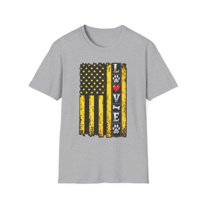 Love Paw Flag T-Shirt — Yellow Distressed American Flag with Paw Print & Heart