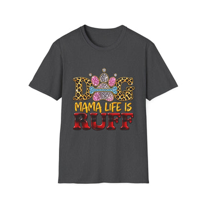 Dog T-Shirt — "Mama Life Is Ruff" Leopard Paw Bling Crew Tee