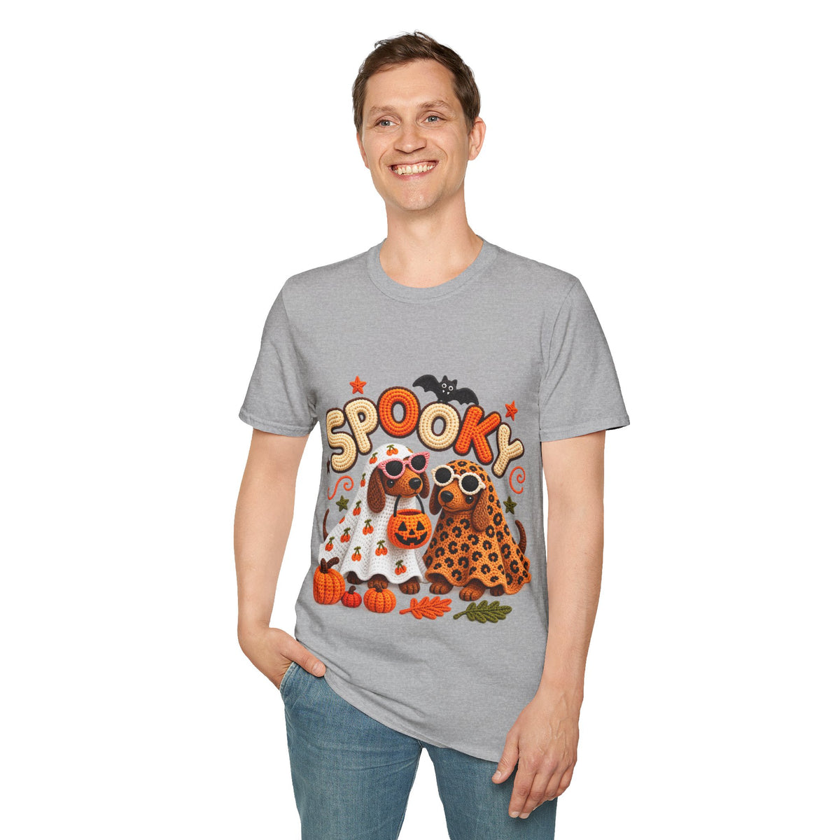 Spooky Halloween T‑Shirt — Cute Pumpkins, Bat & Leopard Print Ghosts