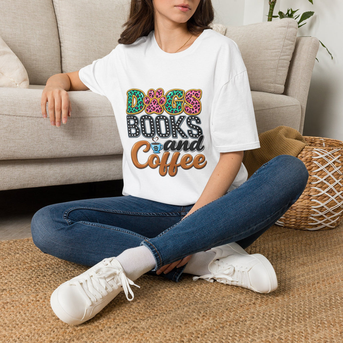 Dogs, Books and Coffee T-Shirt — Leopard Paw Typography Tee for Dog Lovers & Bookworms