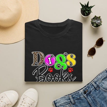 Dogs Books And Coffee T-Shirt — Colorful Paw Print Graphic Tee for Dog Lovers