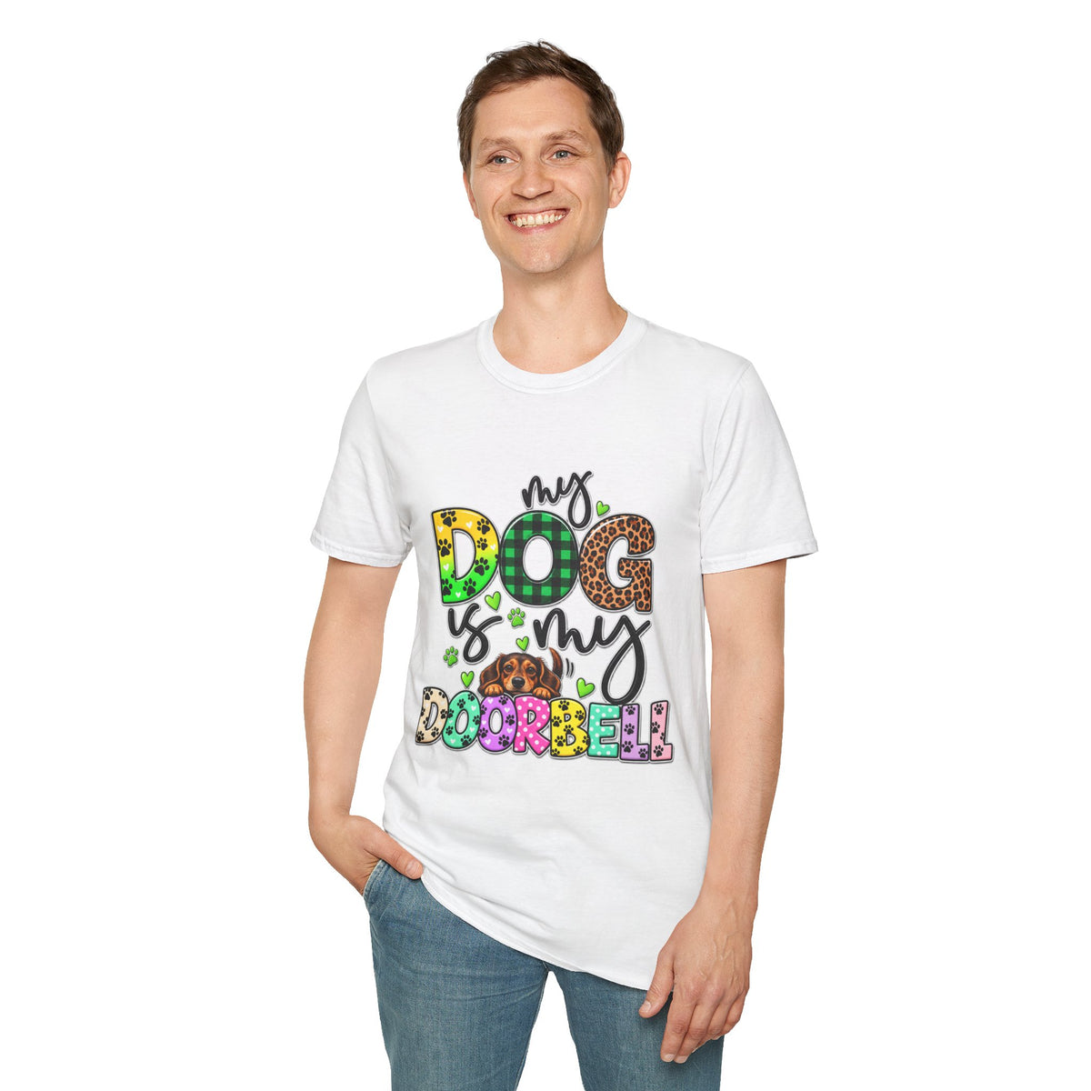 My Dog Is My Doorbell T-Shirt — Colorful Paw Print Dog Lover Tee