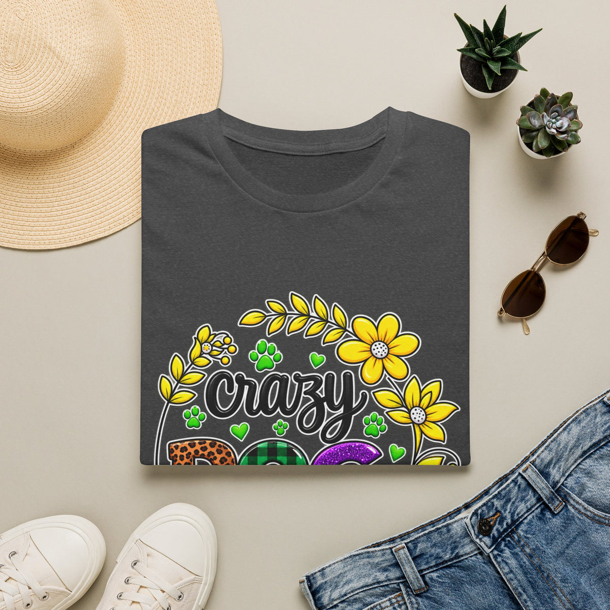 Crazy Dog Lady T-Shirt — Floral Paw Print Women's Tee