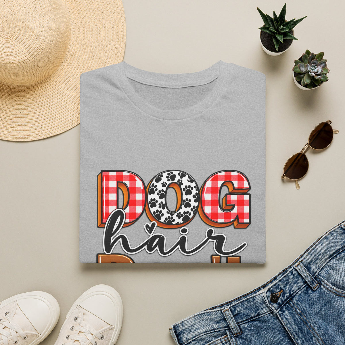 Dog Hair Don't Care T-Shirt — Cute Plaid & Paw Graphic Tee for Dog Lovers