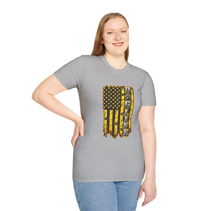 JCB Life Graphic T‑Shirt — Distressed Yellow American Flag Tractor Pride
