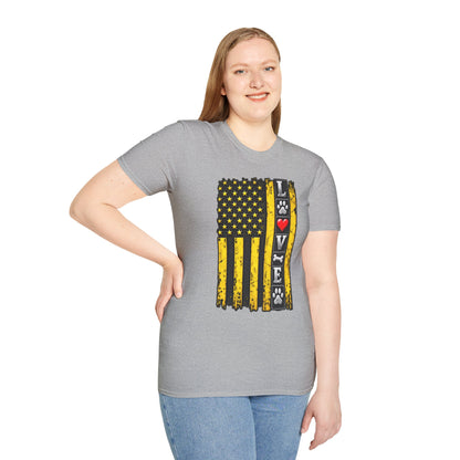 Love Paw Flag T-Shirt — Yellow Distressed American Flag with Paw Print & Heart