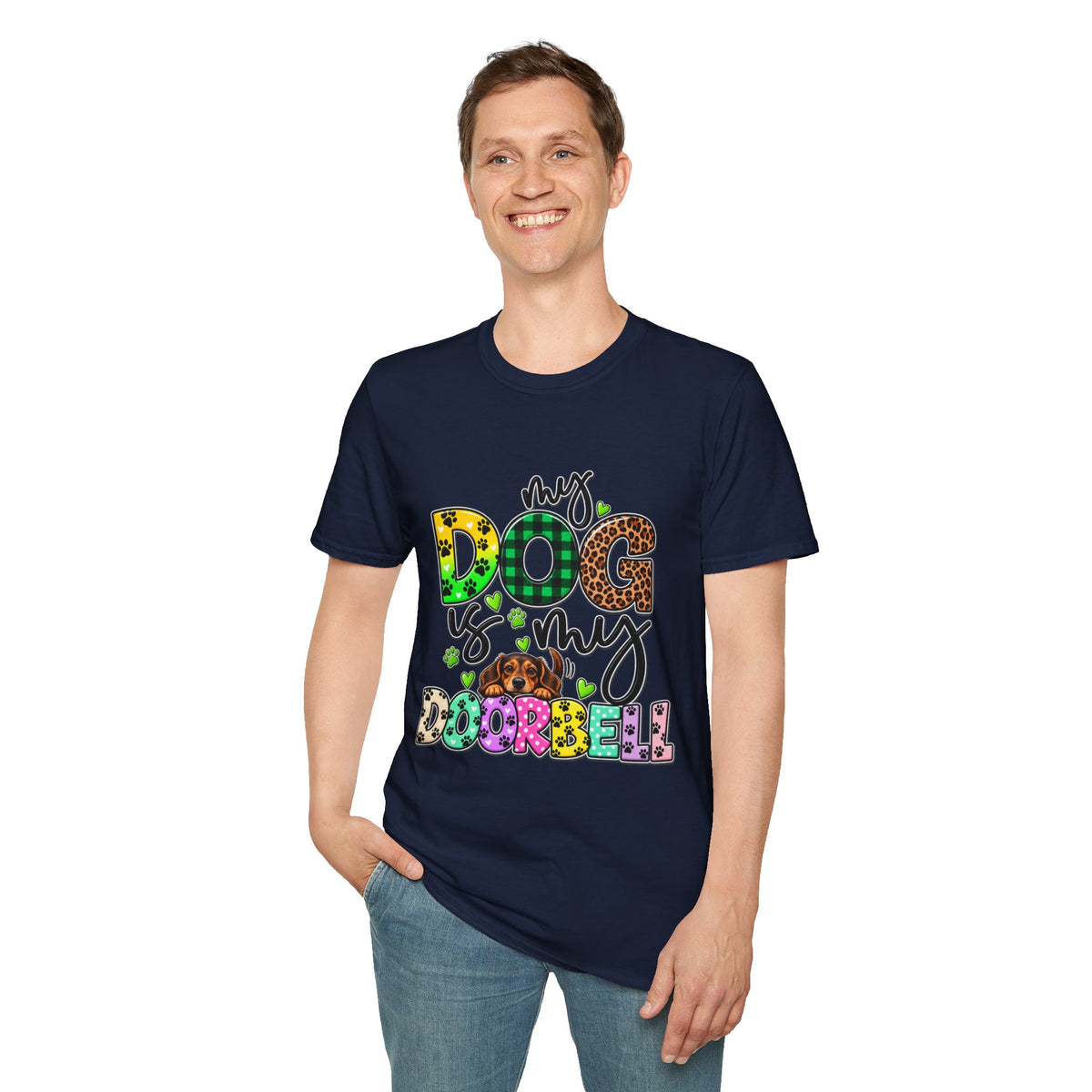 My Dog Is My Doorbell T-Shirt — Colorful Paw Print Dog Lover Tee