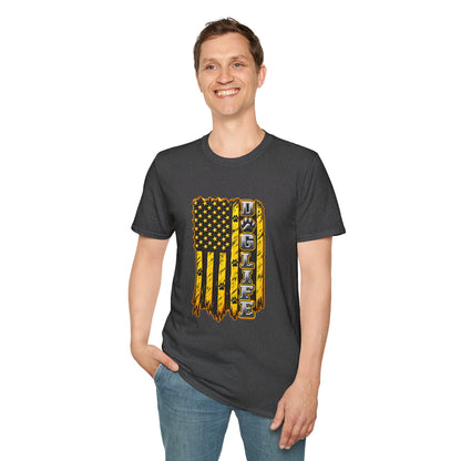 JCB Life Graphic T‑Shirt — Distressed Yellow American Flag Tractor Pride