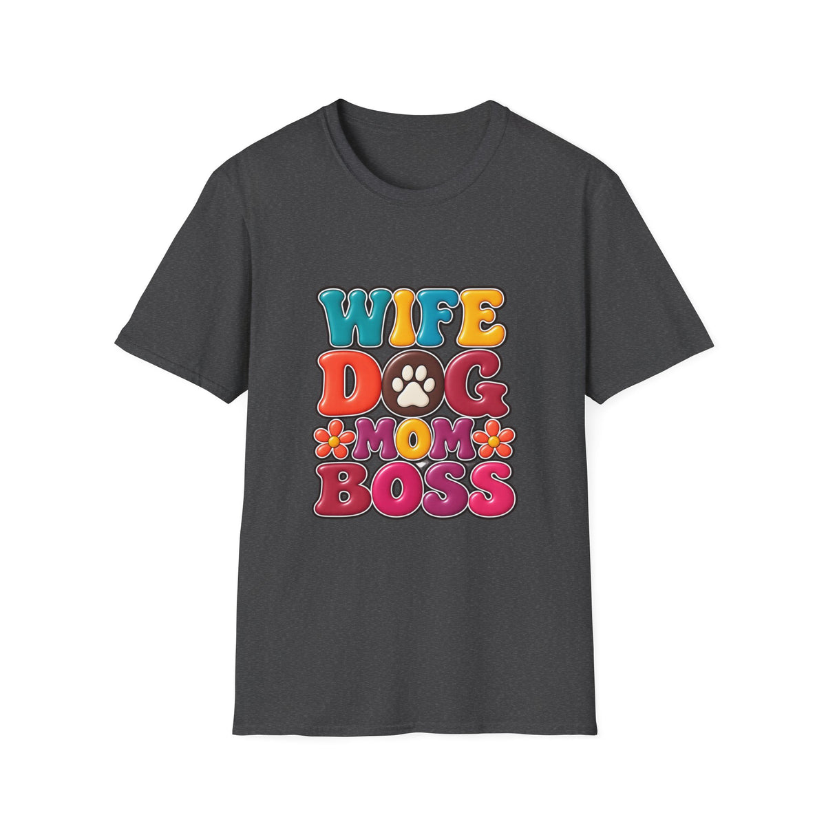"Wife Dog Mom Boss" Colorful Paw Print Tee