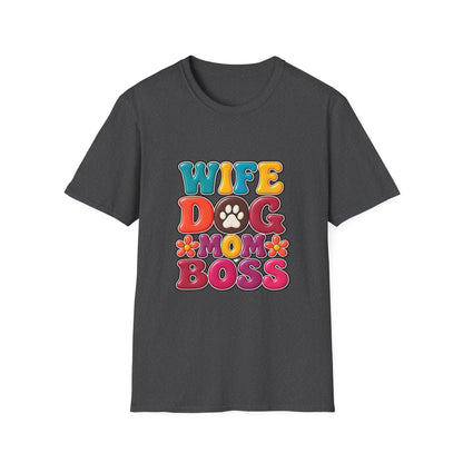 "Wife Dog Mom Boss" Colorful Paw Print Tee