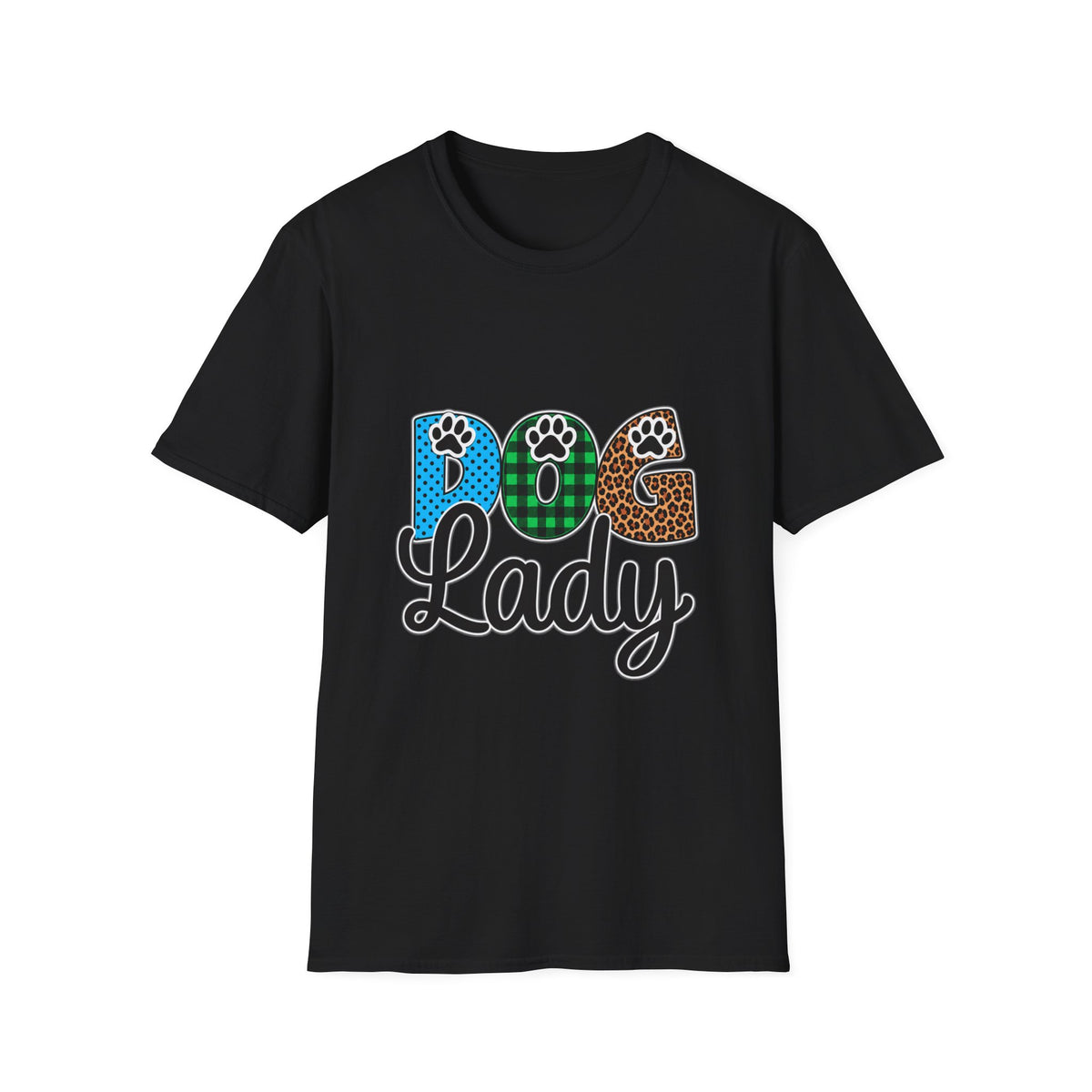 Dog Lady T‑Shirt — Colorful Paw Print DOG Graphic Tee for Pet Lovers