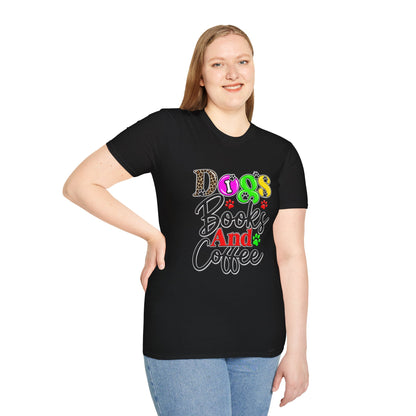 Dogs Books And Coffee T-Shirt — Colorful Paw Print Graphic Tee for Dog Lovers