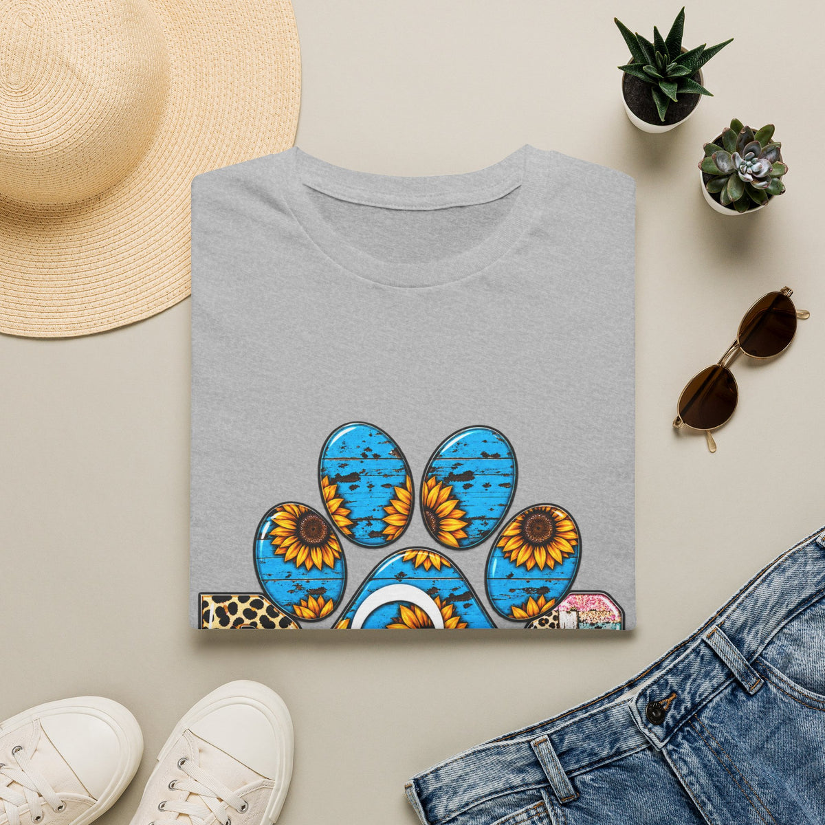 Sunflower Paw Print T-Shirt — Blue Rustic Pet Lover Tee
