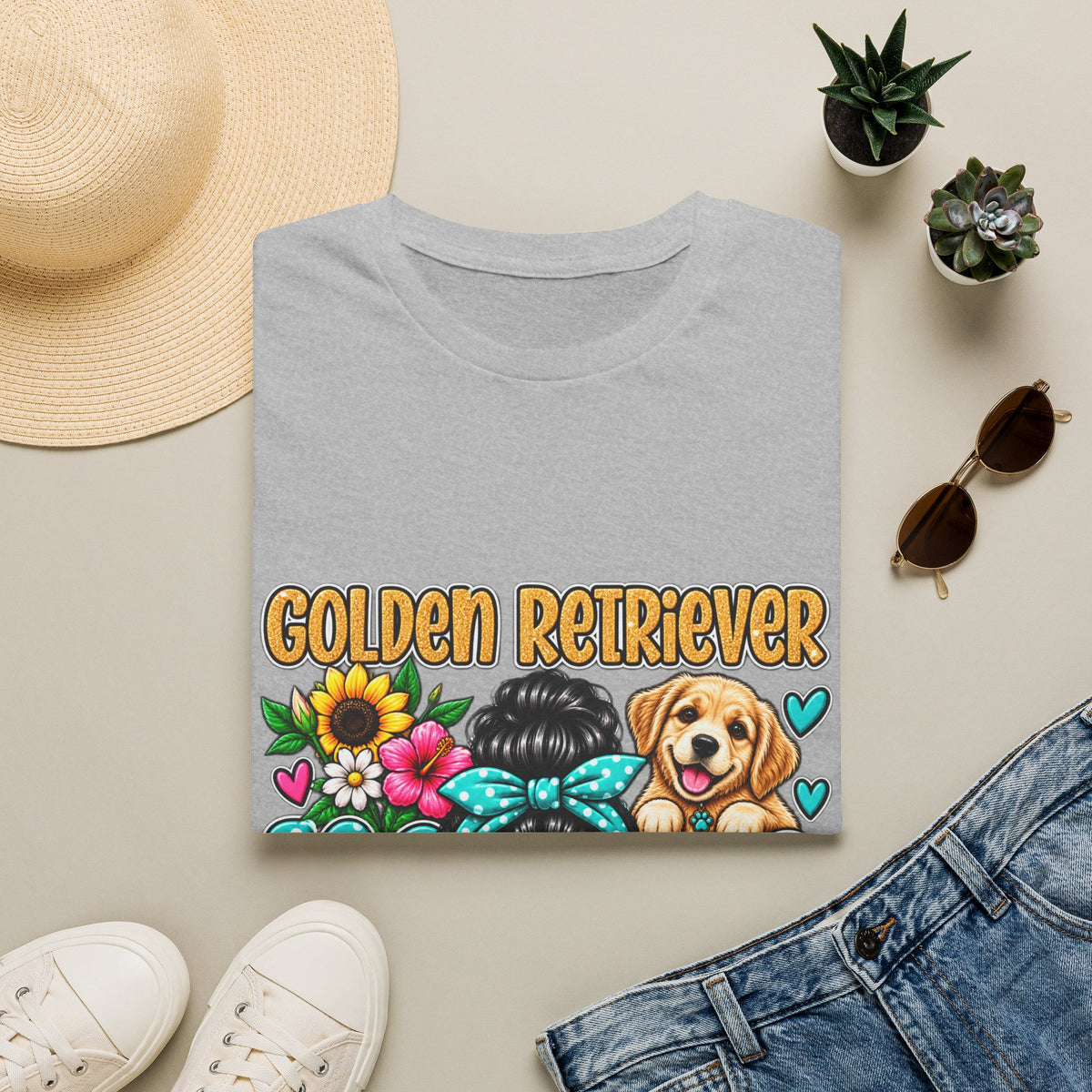 Golden Retriever Mom T-Shirt — Floral Messy Bun Dog Lover Tee