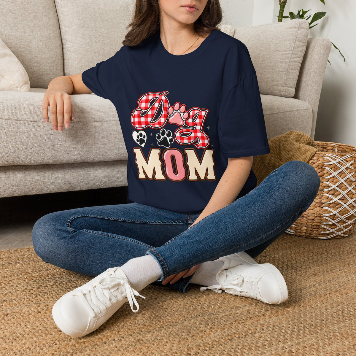 Dog Mom T-Shirt — Red Gingham Paw Graphic Tee
