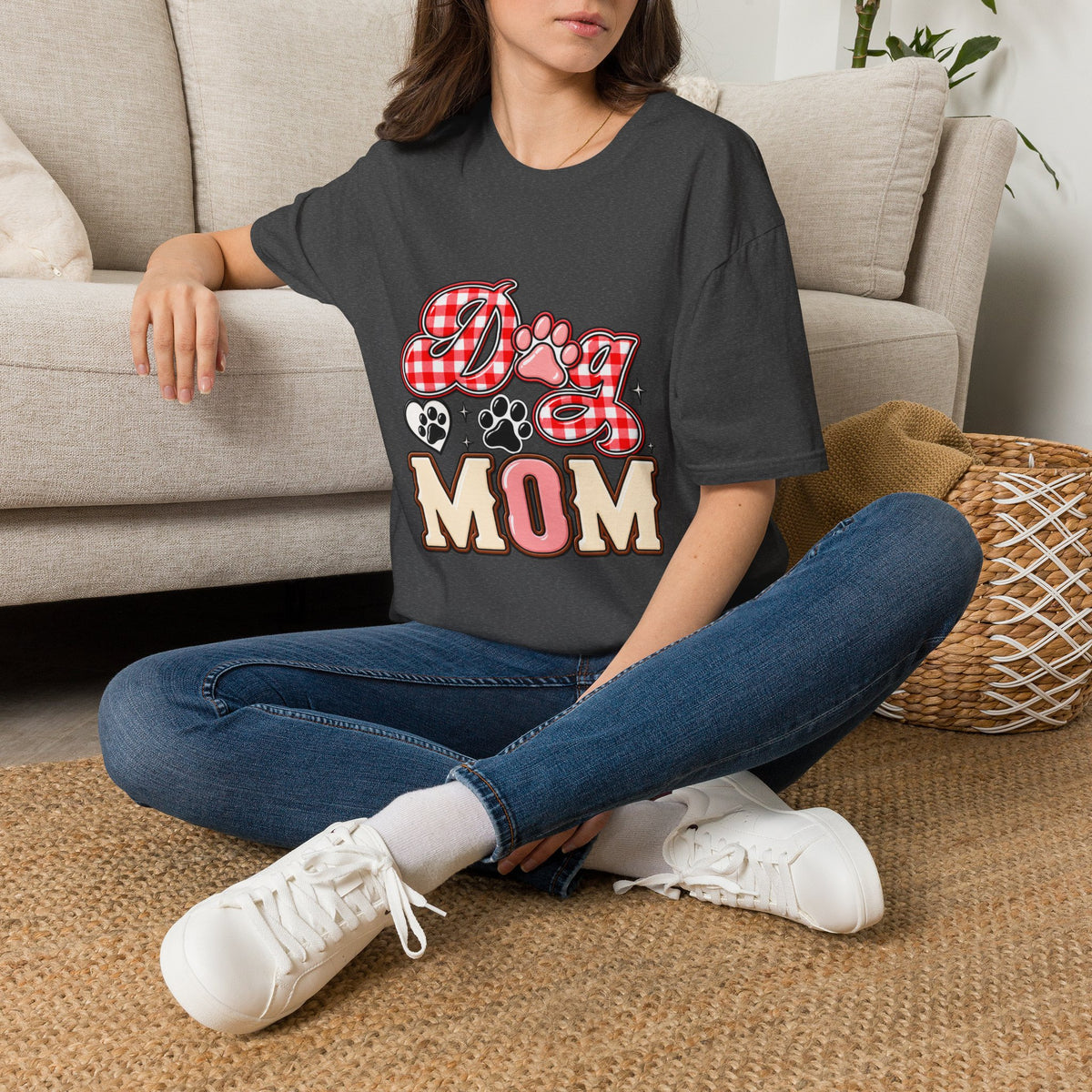 Dog Mom T-Shirt — Red Gingham Paw Graphic Tee
