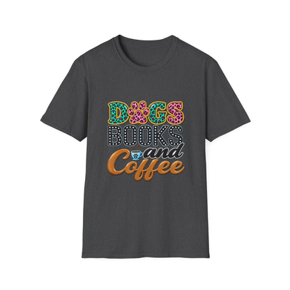 Dogs, Books and Coffee T-Shirt — Leopard Paw Typography Tee for Dog Lovers & Bookworms