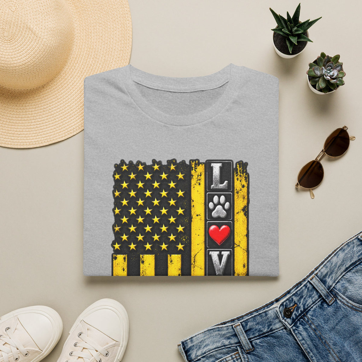 Love Paw Flag T-Shirt — Yellow Distressed American Flag with Paw Print & Heart