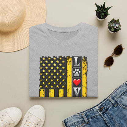 Love Paw Flag T-Shirt — Yellow Distressed American Flag with Paw Print & Heart