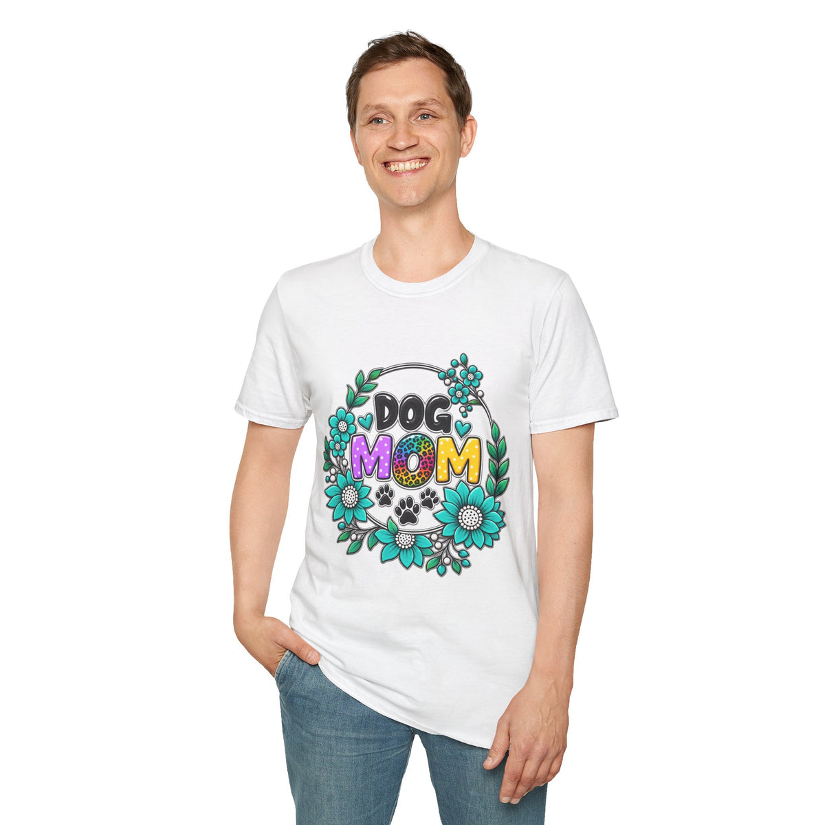 Dog Mom T-Shirt — Colorful Floral Paw Print Tee for Pet Lovers