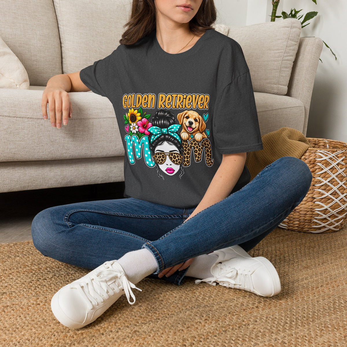 Golden Retriever Mom T-Shirt — Floral Messy Bun Dog Lover Tee