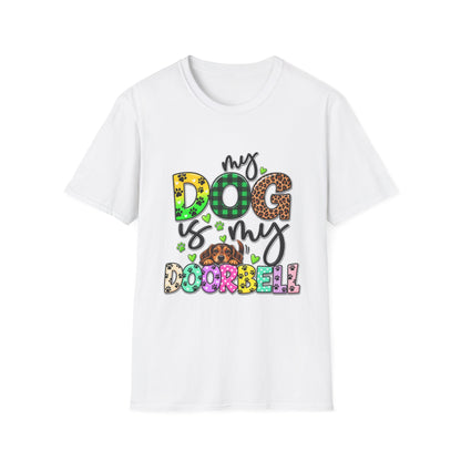 My Dog Is My Doorbell T-Shirt — Colorful Paw Print Dog Lover Tee