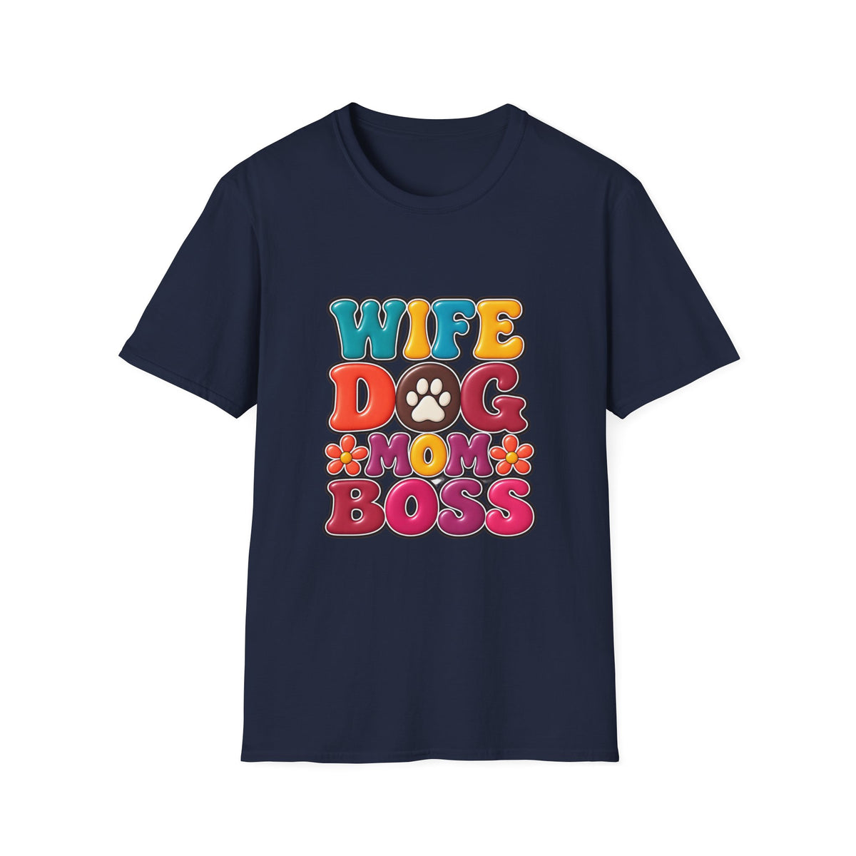 "Wife Dog Mom Boss" Colorful Paw Print Tee