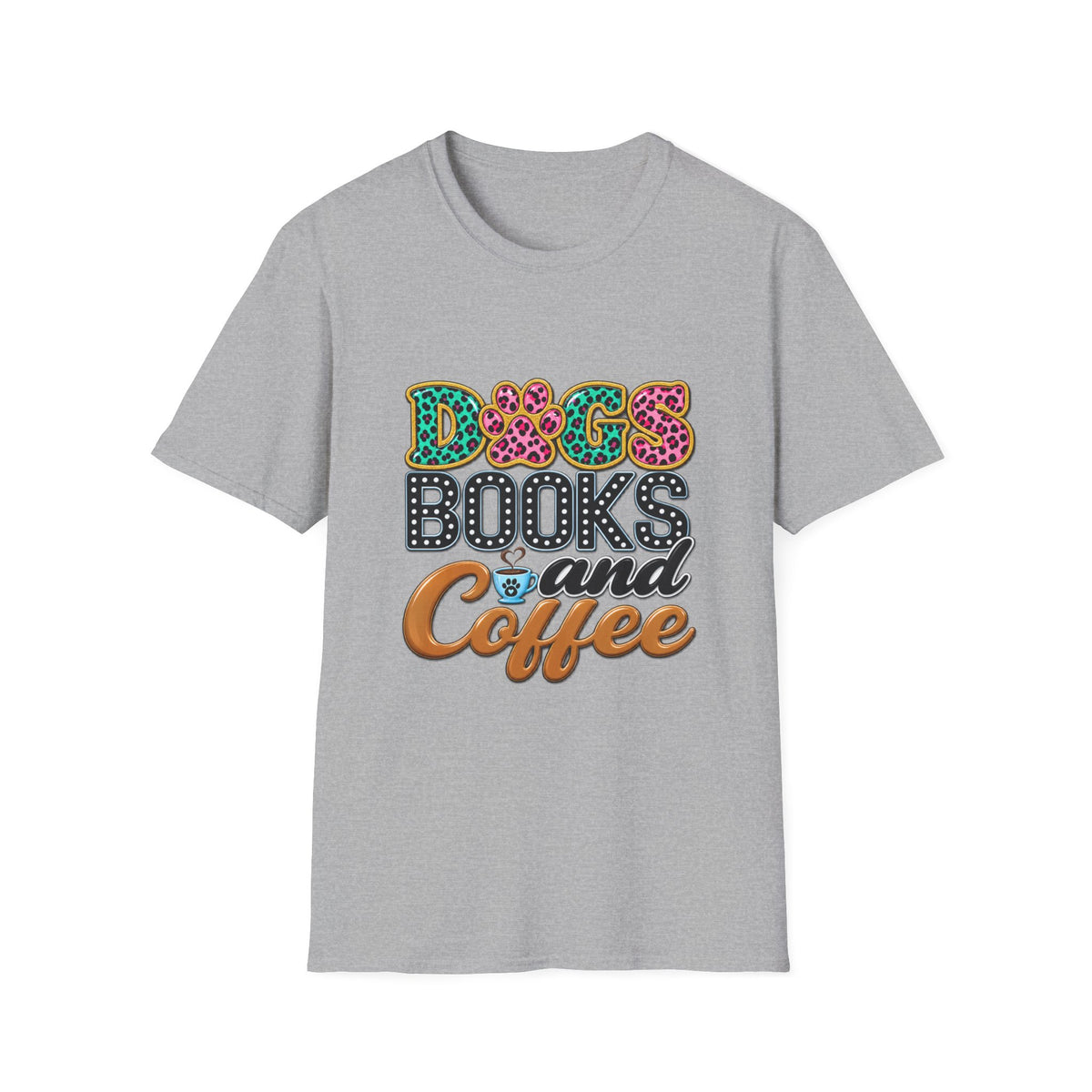 Dogs, Books and Coffee T-Shirt — Leopard Paw Typography Tee for Dog Lovers & Bookworms