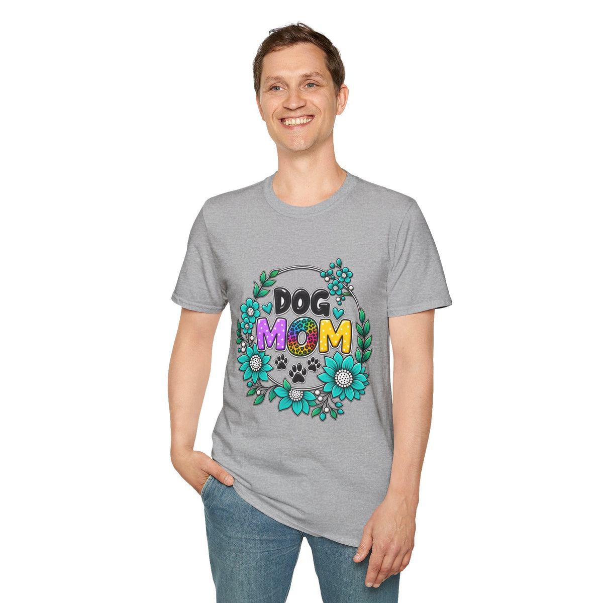 Dog Mom T-Shirt — Colorful Floral Paw Print Tee for Pet Lovers