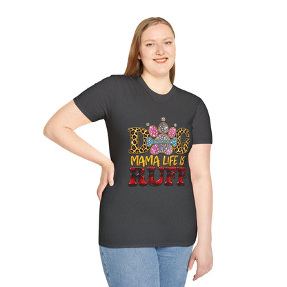 Dog T-Shirt — "Mama Life Is Ruff" Leopard Paw Bling Crew Tee
