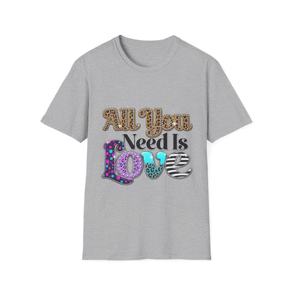 T-Shirt — "All You Need Is Love" Retro Leopard & Neon Heart Graphic Tee