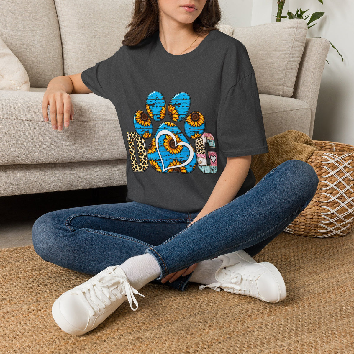 Sunflower Paw Print T-Shirt — Blue Rustic Pet Lover Tee