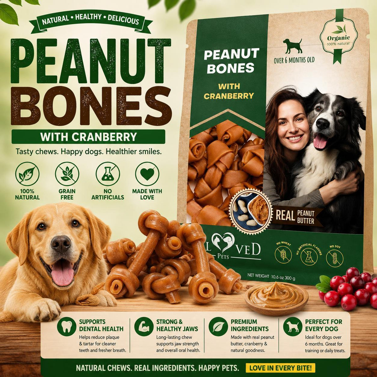 Dog Peanut Butter Bones with Cranberry Collagen Chews